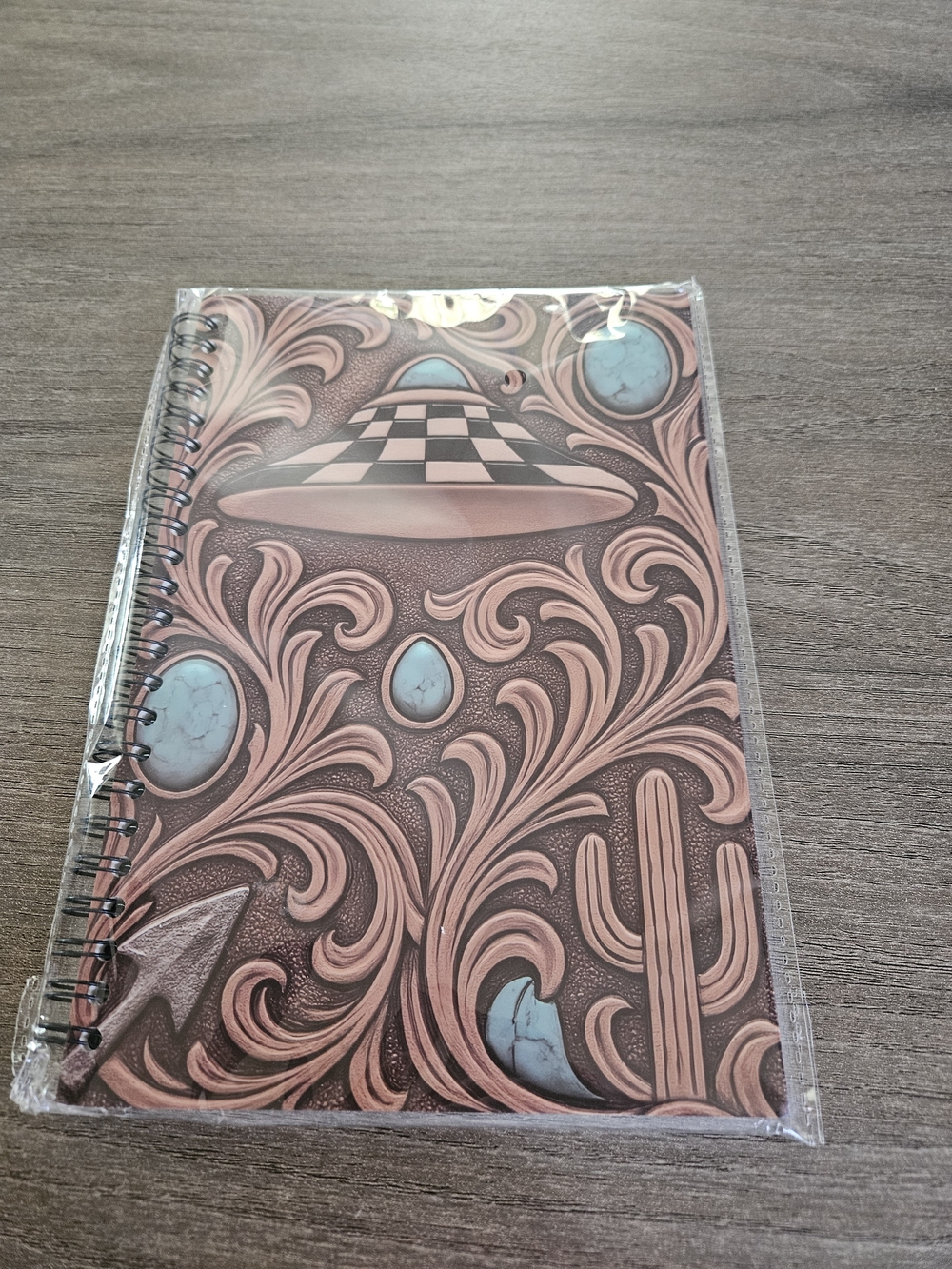 Spiral Notebook with Tan Swirl & Turquoise Gem Cover